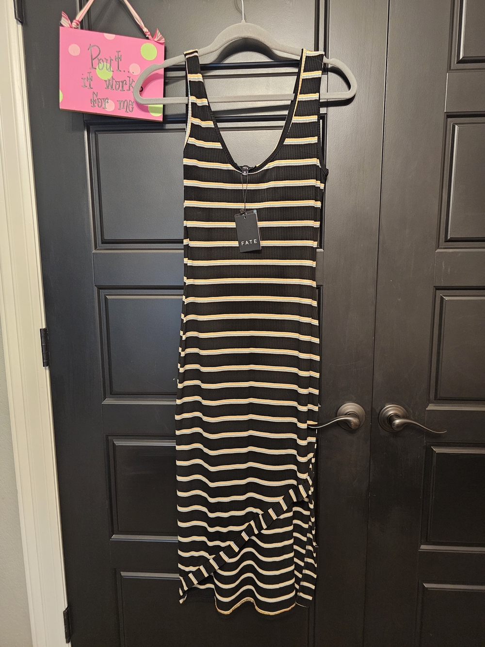 Fate Black and Cream Striped Ribbed Tank Midi Dress